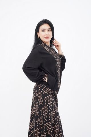 Fermuar Detay Desenli Boncuk İşlemeli Ceket Etek Takım Siyah Camel - 40-48