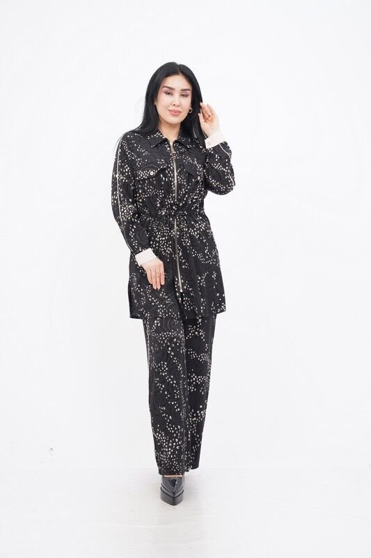 Beli Tünelli Tesettür Takım Siyah Bej - 40-48