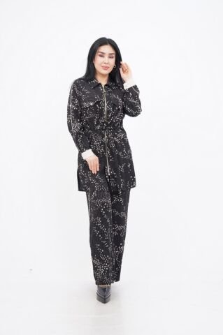 Beli Tünelli Tesettür Takım Siyah Bej - 40-48