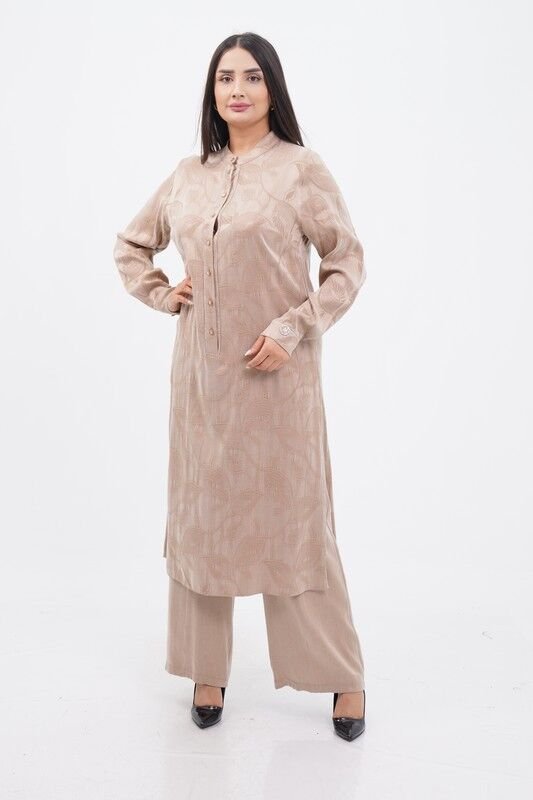 Jakar Tensel Hakim Yaka Tesettür Takım Bej - 40-48