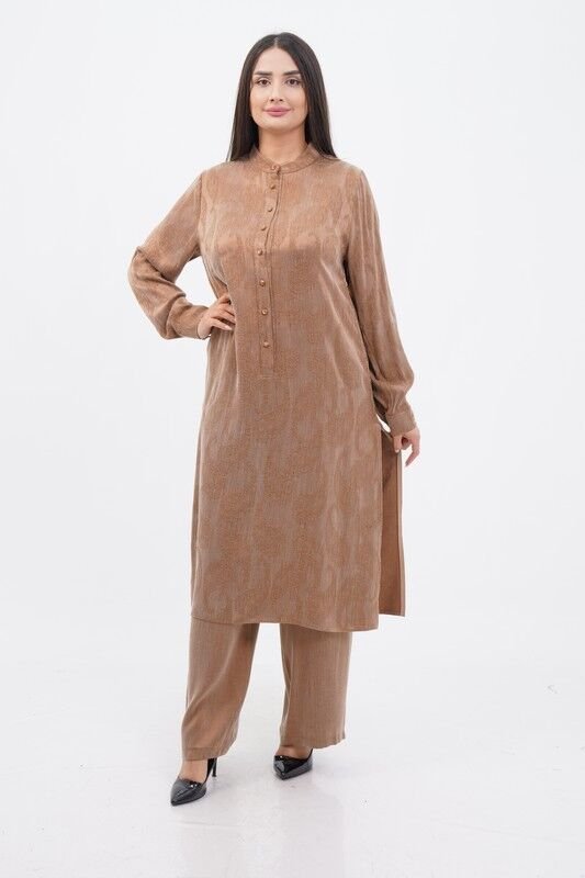 Jakar Tensel Hakim Yaka Tesettür Takım Camel - 40-48