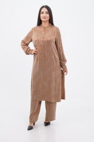 Jakar Tensel Hakim Yaka Tesettür Takım Camel - 40-48