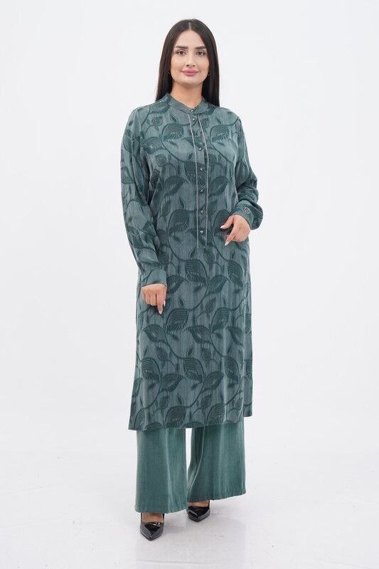 Jakar Tensel Hakim Yaka Tesettür Takım Yeşil - 40-48