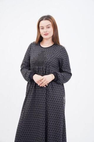 Kadife Kombin Aplikeli Elbise Siyah - 40-48