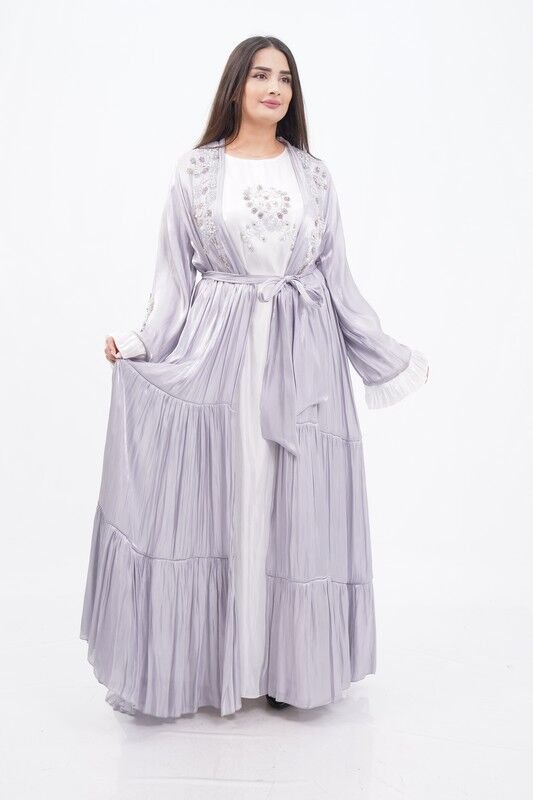 Katlı Organze Abaya Elbise Takım Gri - 40-48