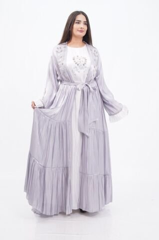 Katlı Organze Abaya Elbise Takım Gri - 40-48