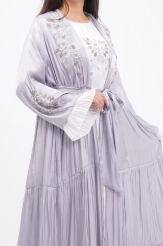Katlı Organze Abaya Elbise Takım Gri - 40-48