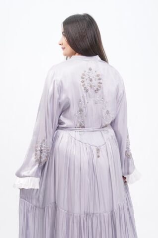 Katlı Organze Abaya Elbise Takım Gri - 40-48