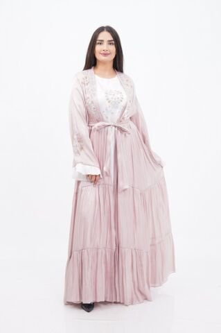 Katlı Organze Abaya Elbise Takım Pudra - 40-48