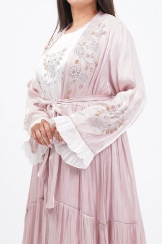 Katlı Organze Abaya Elbise Takım Pudra - 40-48