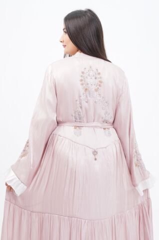 Katlı Organze Abaya Elbise Takım Pudra - 40-48