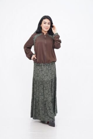 Çiçek Desen Ceket Etek Takım Kahve Haki - 40-48