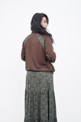Çiçek Desen Ceket Etek Takım Kahve Haki - 40-48