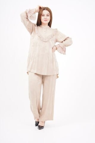 Jakar Tensel Fırfır Tesettür Takım Bej - 38-44