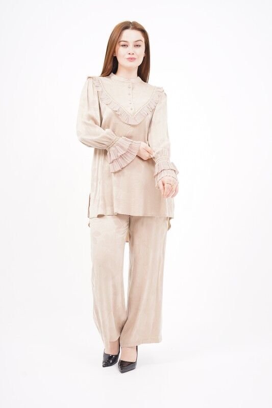 Jakar Tensel Fırfır Tesettür Takım Bej - 38-44