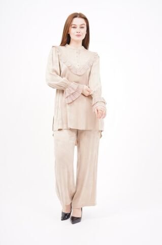 Jakar Tensel Fırfır Tesettür Takım Bej - 38-44