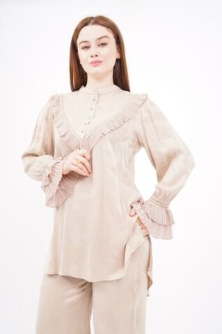 Jakar Tensel Fırfır Tesettür Takım Bej - 38-44