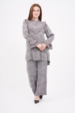 Jakar Tensel Fırfır Tesettür Takım Gri - 38-44