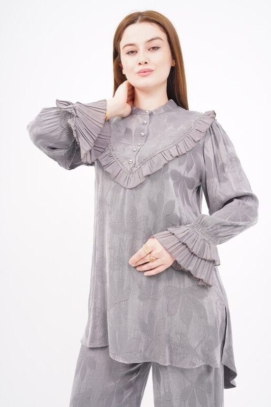 Jakar Tensel Fırfır Tesettür Takım Gri - 38-44