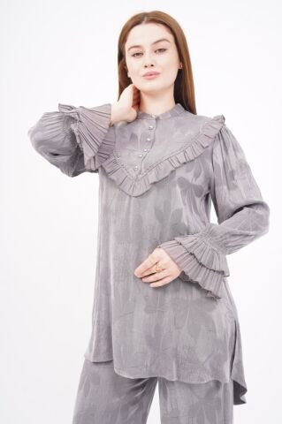 Jakar Tensel Fırfır Tesettür Takım Gri - 38-44