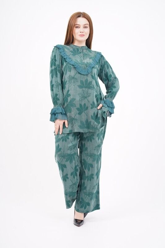 Jakar Tensel Fırfır Tesettür Takım Zümrüt - 38-44