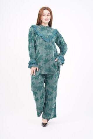 Jakar Tensel Fırfır Tesettür Takım Zümrüt - 38-44