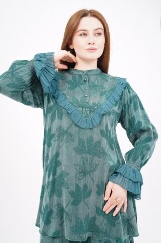 Jakar Tensel Fırfır Tesettür Takım Zümrüt - 38-44