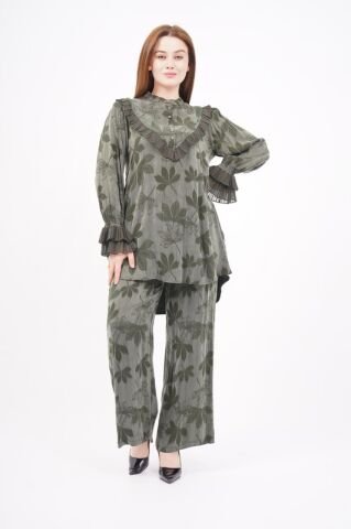 Jakar Tensel Fırfır Tesettür Takım Haki - 38-44