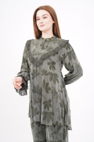 Jakar Tensel Fırfır Tesettür Takım Haki - 38-44