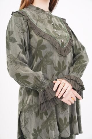 Jakar Tensel Fırfır Tesettür Takım Haki - 38-44