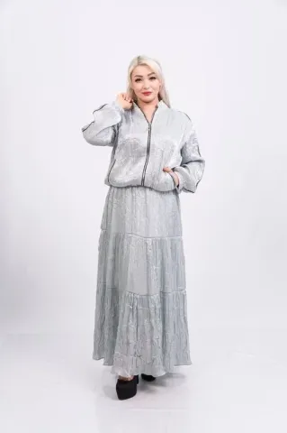 Şerit Taşlı Organze Ceket Etek Takım Gri - 40-48