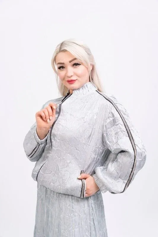 Şerit Taşlı Organze Ceket Etek Takım Gri - 40-48