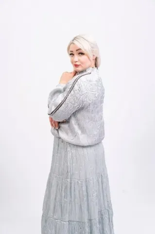 Şerit Taşlı Organze Ceket Etek Takım Gri - 40-48