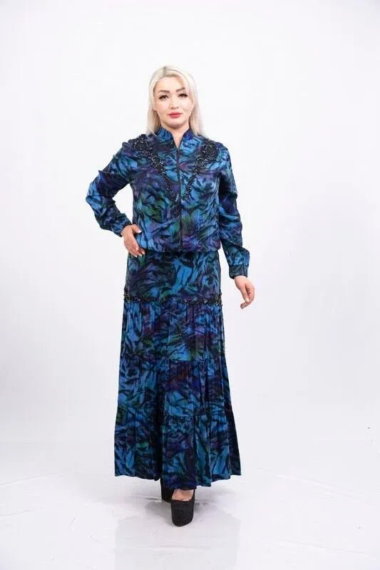 Aplikeli Saten Desenli Ceket Etek Takım Saks - 40-48