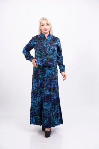 Aplikeli Saten Desenli Ceket Etek Takım Saks - 40-48