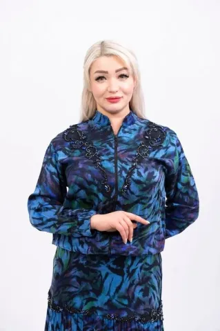 Aplikeli Saten Desenli Ceket Etek Takım Saks - 40-48