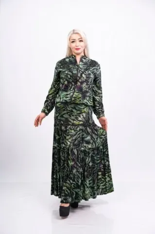 Aplikeli Saten Desenli Ceket Etek Takım Yeşil - 40-48