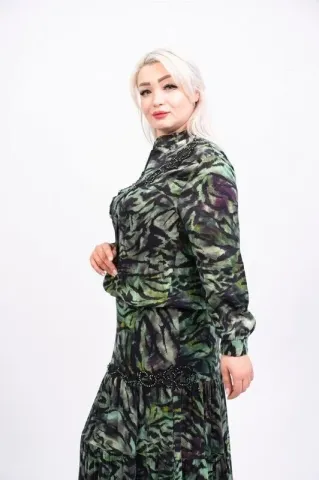 Aplikeli Saten Desenli Ceket Etek Takım Yeşil - 40-48