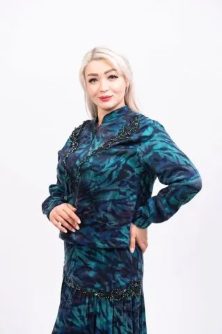 Aplikeli Saten Desenli Ceket Etek Takım Zümrüt - 40-48