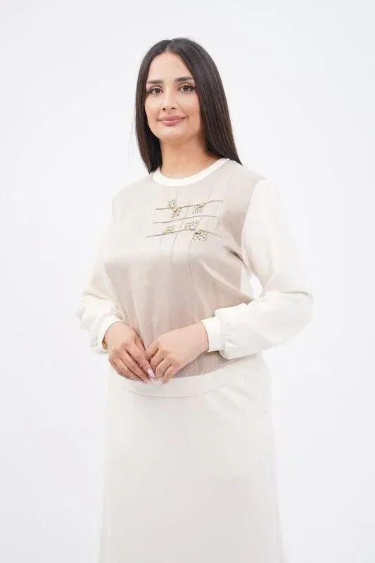 Tensel Örme Kombin Bluz Etek Takım Bej - 38-44