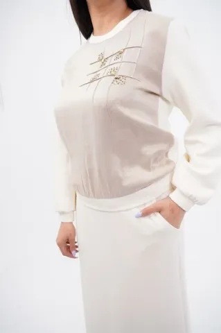 Tensel Örme Kombin Bluz Etek Takım Bej - 38-44