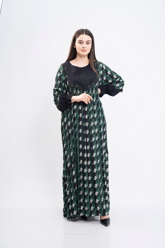 Çiçek Empirme Kombin Aplikeli Elbise Siyah Yeşil - 46-54