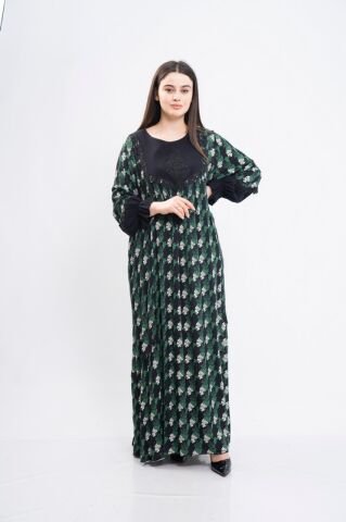 Çiçek Empirme Kombin Aplikeli Elbise Siyah Yeşil - 46-54