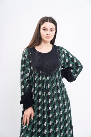 Çiçek Empirme Kombin Aplikeli Elbise Siyah Yeşil - 46-54