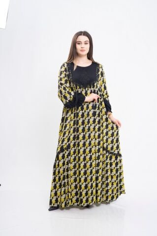 Çiçek Empirme Kombin Aplikeli Elbise Siyah Sarı - 46-54