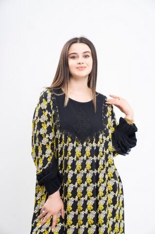 Çiçek Empirme Kombin Aplikeli Elbise Siyah Sarı - 46-54