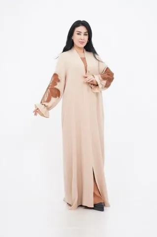 Organze Aplikeli Tensel Abaya Takım Bej - 40-48