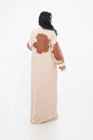 Organze Aplikeli Tensel Abaya Takım Bej - 40-48