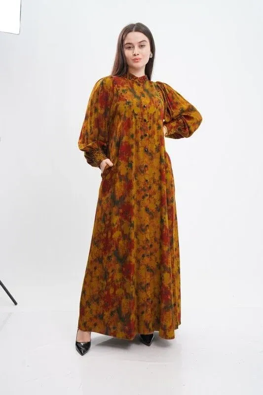 V Robalı Tesettür Elbise Orange - 40-48