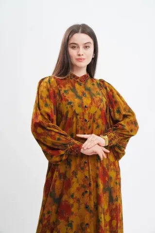 V Robalı Tesettür Elbise Orange - 40-48